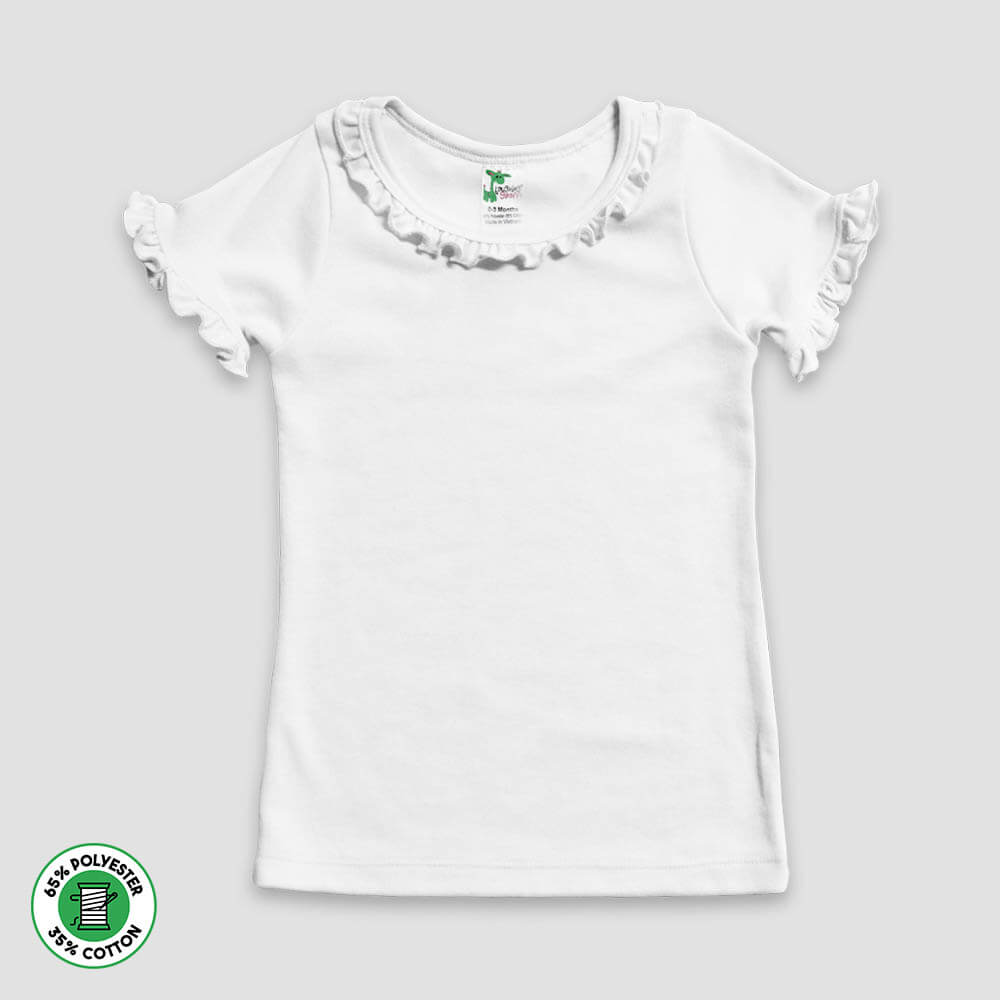 Custom T-Shirts, Screen Printing, Embroidery, Hats, Apparel, Near Me:  Toddler L/S Girls Ruffle Trim Top White 65% Polyester 35% Cotton- Laughing  Giraffe®