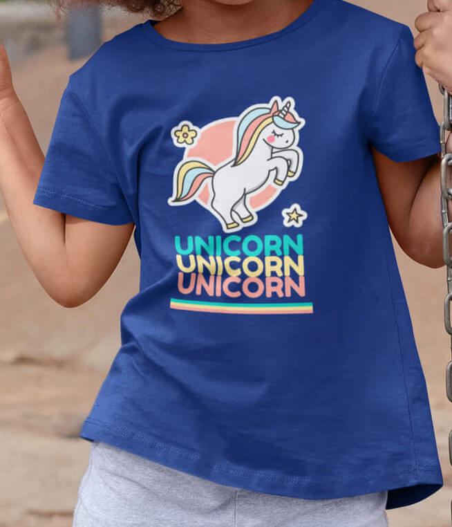 Little girl wearing a colorful printed navy t-shirt